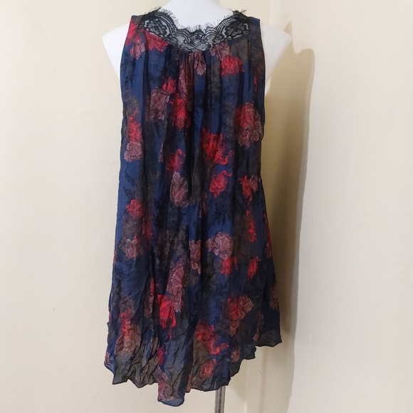 Free People Intimately Blue Red Floral Flowy Lace Short Dress Nightgown Tunic - Picture 6 of 13